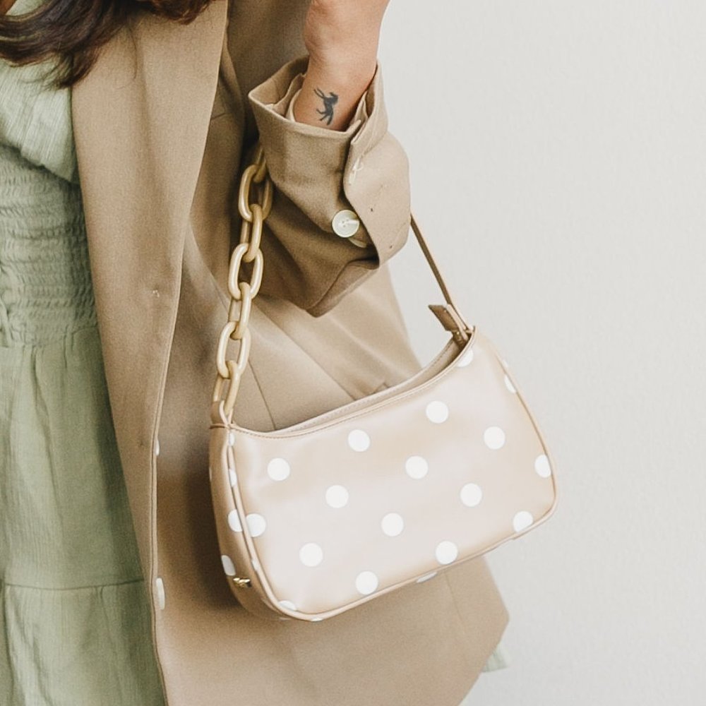 Polka dot tan shoulder bag